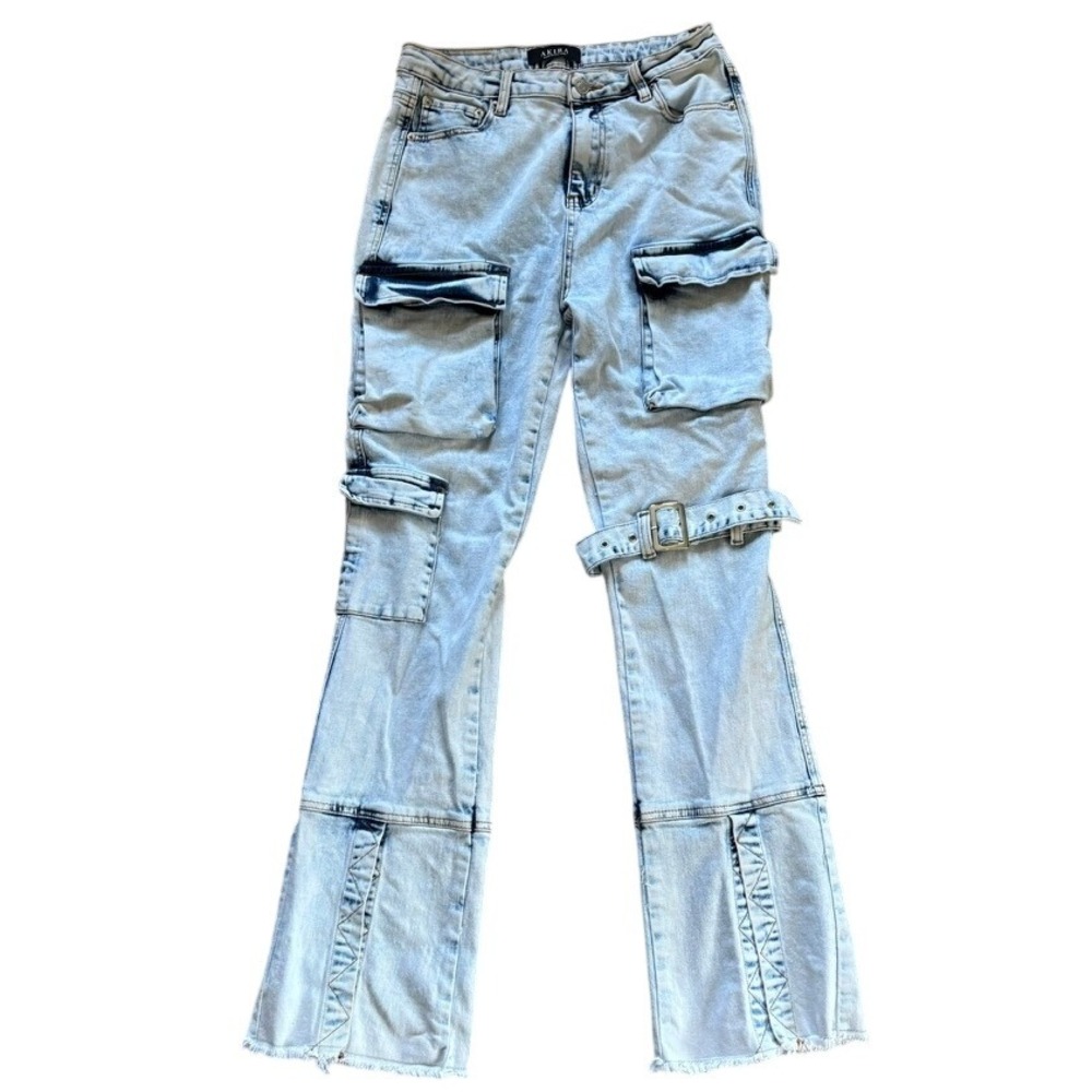 Akira Cargo Denim Flare Jeans Size 11 29 Acid Wash Baddie Streetwear